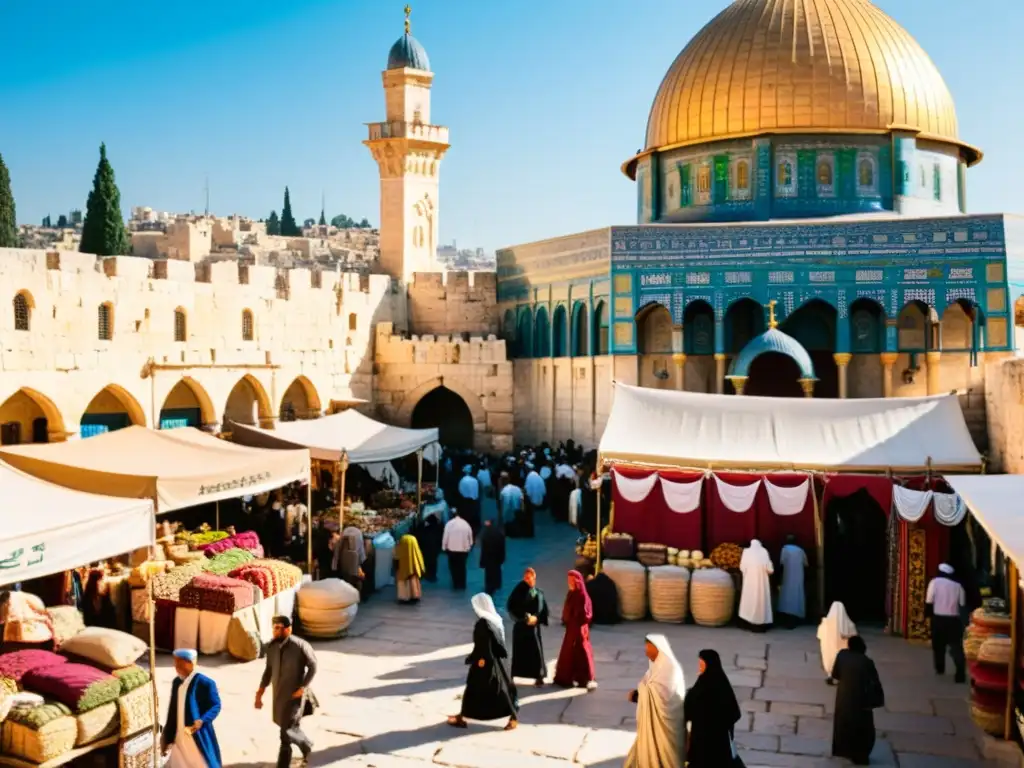 Mercado bullicioso en Jerusalén antigua con influencias islámicas, judías y cristianas