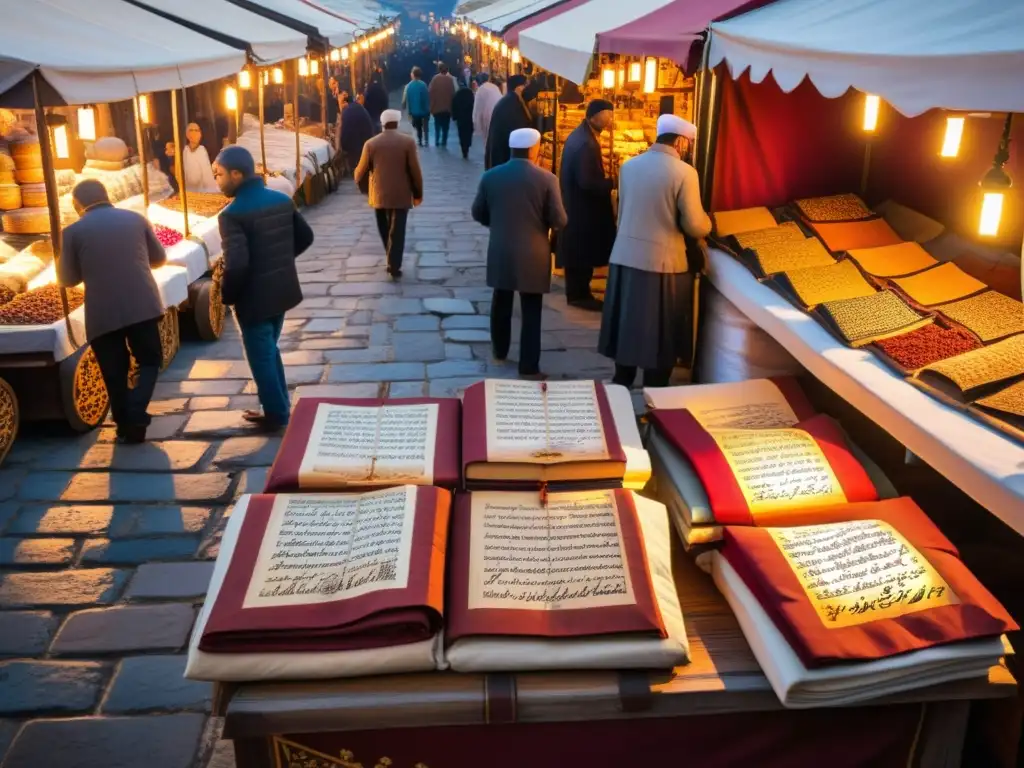 Mercado bullicioso en la antigua Estambul con manuscritos islámicos y vibrante energía histórica