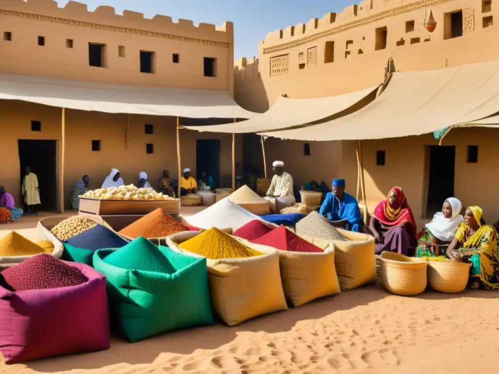 Mercado bullicioso en la antigua región del Sahel, África Occidental, con influencia islámica y vibrante intercambio comercial bajo el sol abrasador