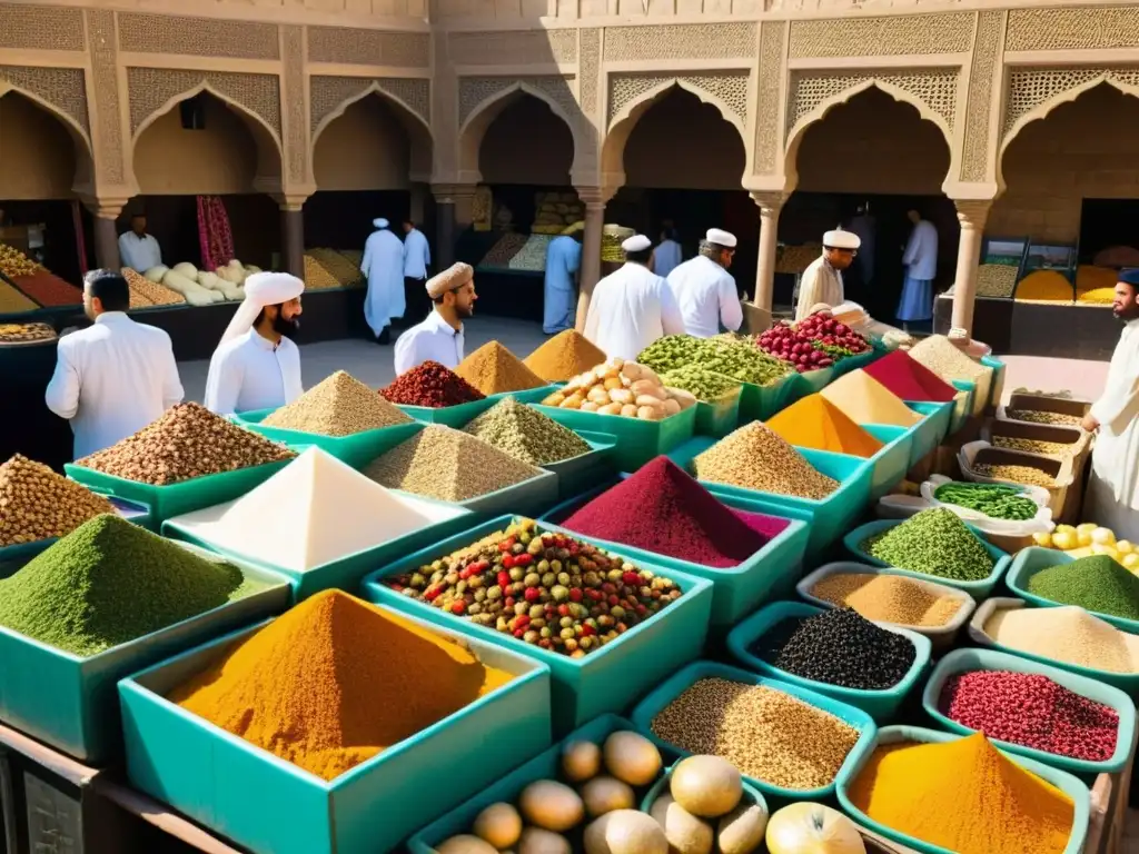 Mercado bullicioso en la antigua Bagdad, repleto de colores vibrantes y actividad, mostrando la rica gastronomía en ciudades islámicas