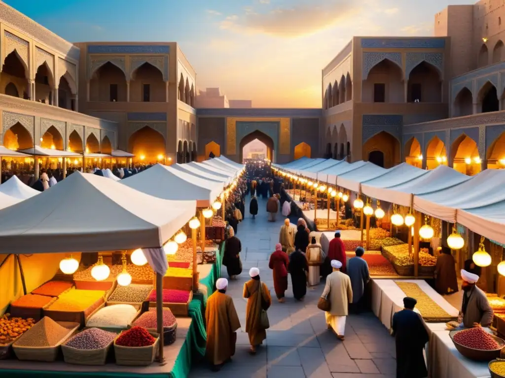 Mercado bullicioso en la antigua Persia, con sedas y colores vibrantes en los puestos