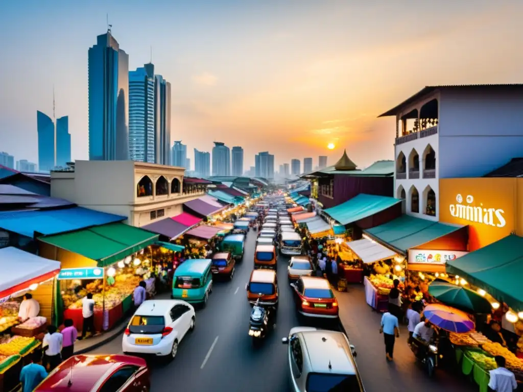 Mercado bullicioso con arquitectura islámica y convivencia religiosa en el mundo islámico, en una ciudad del sudeste asiático al atardecer