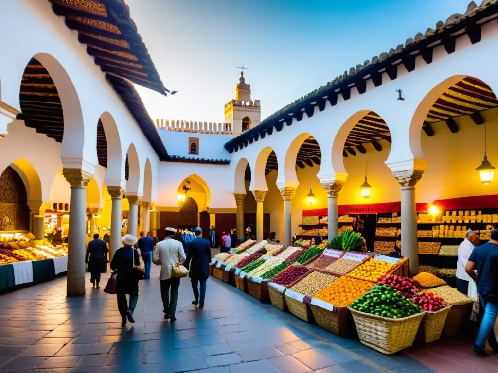 Mercado bullicioso en Córdoba, con arquitectura ornamental y comerciantes exhibiendo bienes exóticos