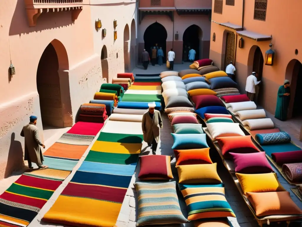 Mercado bullicioso en Marrakech, Marruecos, con artesanías coloridas y luz cálida