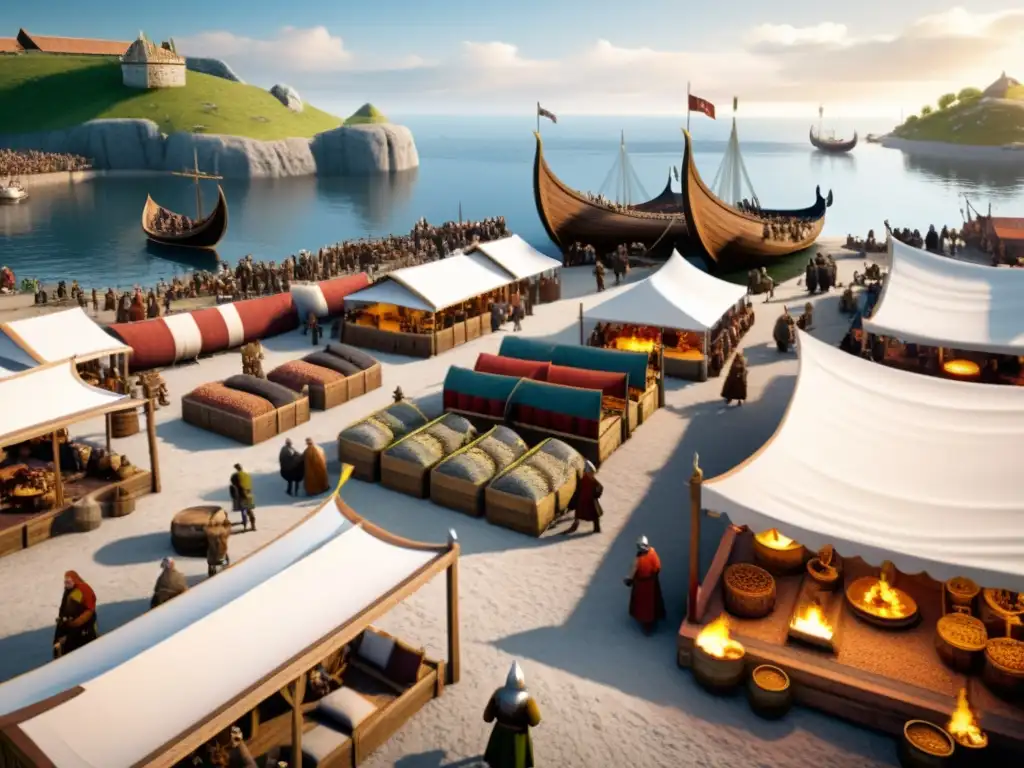 Mercado bullicioso en asentamiento vikingo, con intercambios culturales entre vikingos e islam