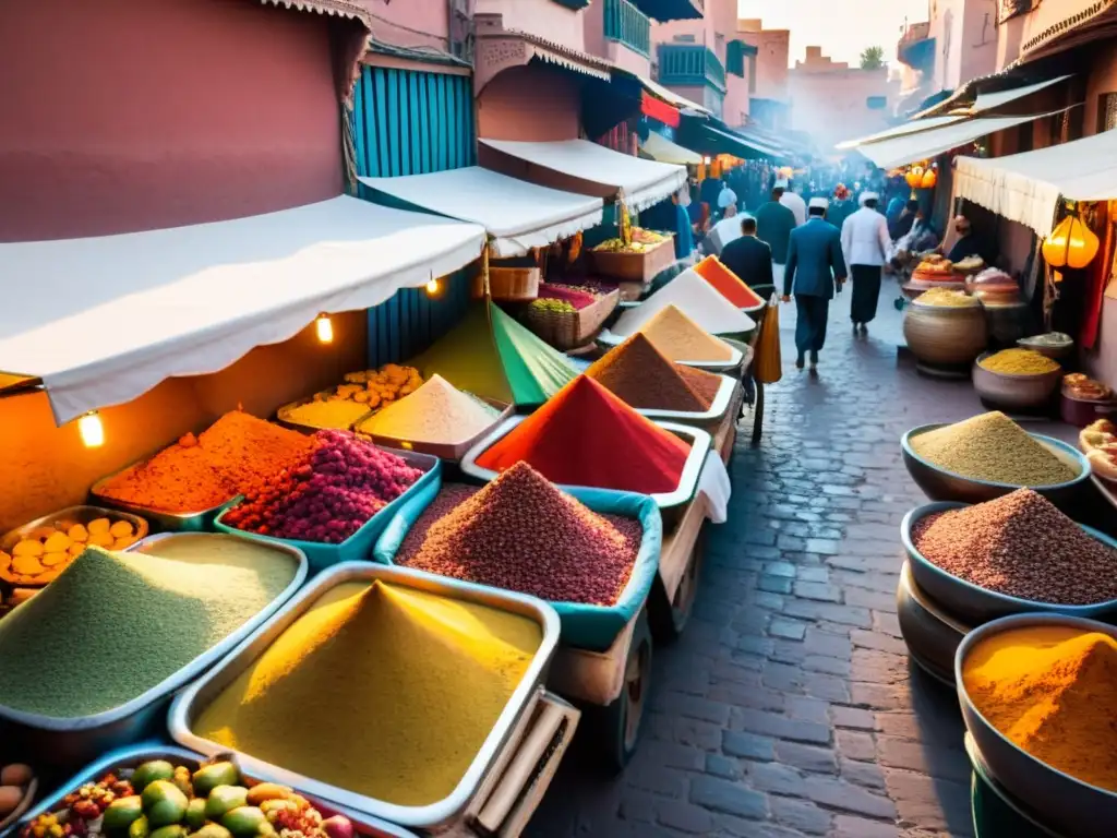 Mercado bullicioso en Marrakech con auténtica comida Halal