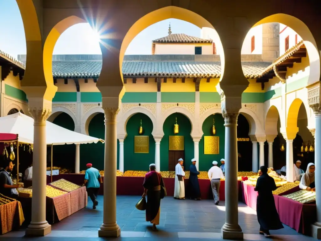 Mercado vibrante en la Córdoba califal Mercado bullicioso en la Córdoba califal, con intercambio de monedas de oro y plata bajo arcos moriscos