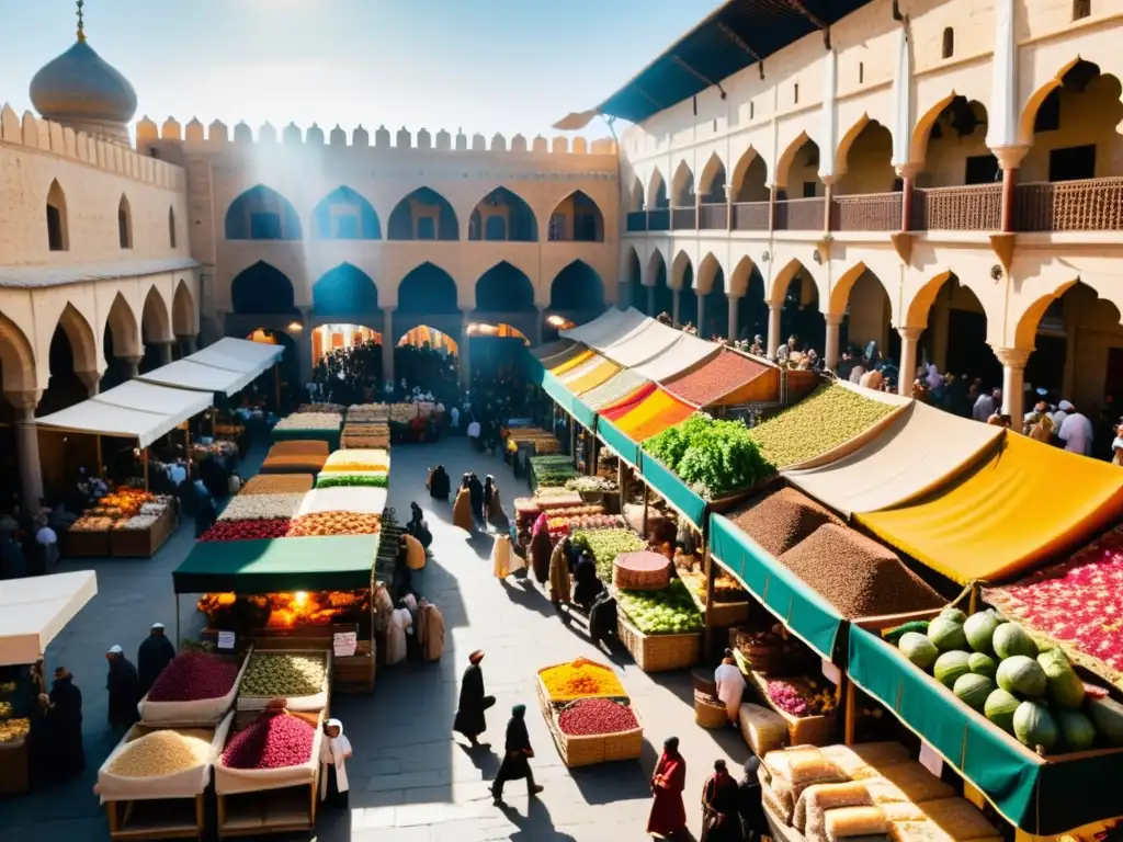 Mercado bullicioso en un califato islámico medieval, repleto de especias, textiles coloridos y frutas exóticas