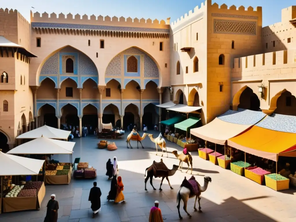 Mercado bullicioso en un califato medieval con arquitectura adornada y productos exóticos