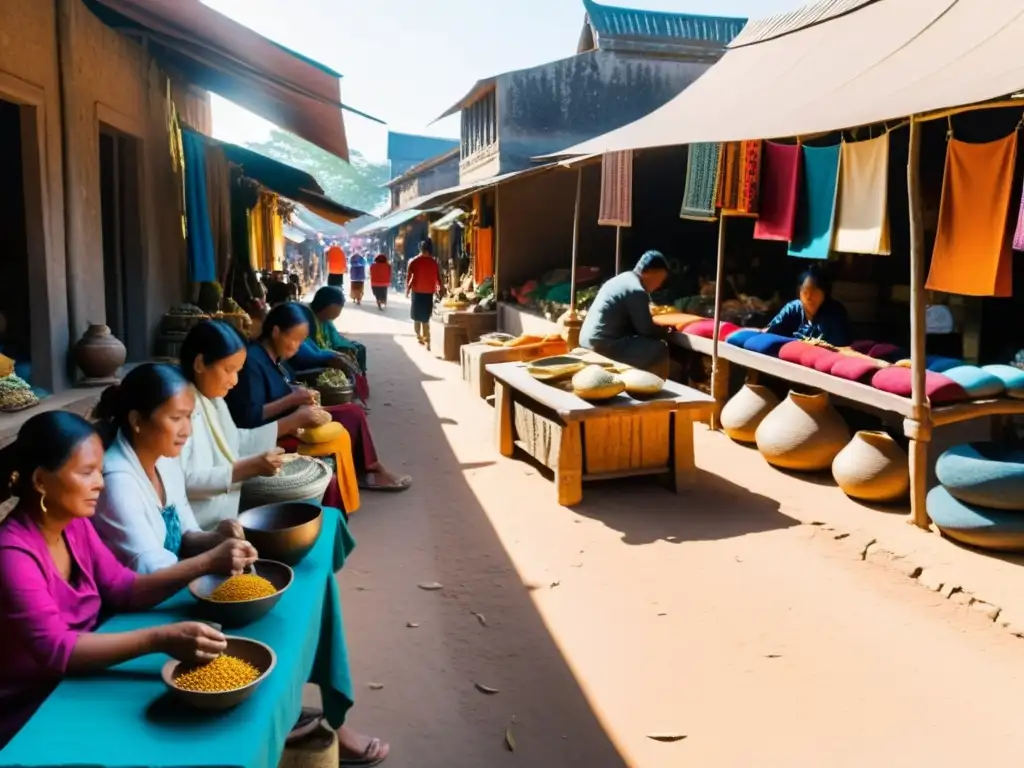 Mercado bullicioso en Camboya con artesanías árabes, telas coloridas y aromas de especias, reflejo de la influencia árabe en Camboya