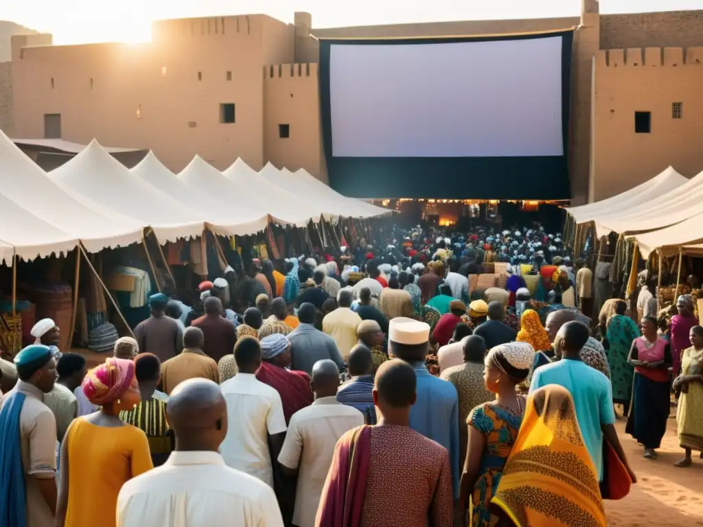 Cine al aire libre: la representación del Islam en África Un mercado bullicioso en una ciudad africana, con textiles coloridos y el cálido resplandor del sol