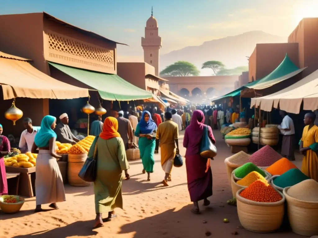 Mercado bullicioso en una ciudad africana con colores vibrantes y arquitectura islámica tradicional