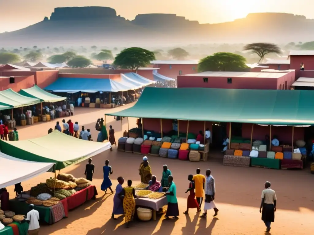Un mercado bullicioso en una ciudad africana, con colores vibrantes, textiles intrincados y una mezcla de arquitectura tradicional y moderna