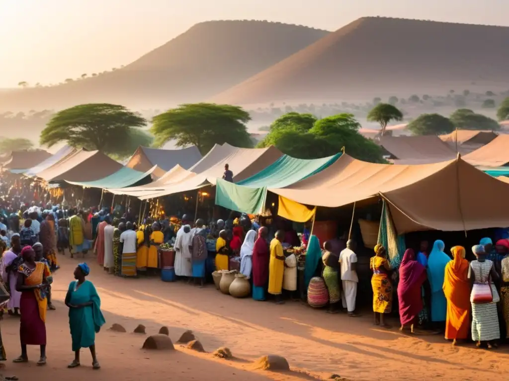 Un mercado bullicioso en una ciudad africana, con textiles coloridos y nativos animados