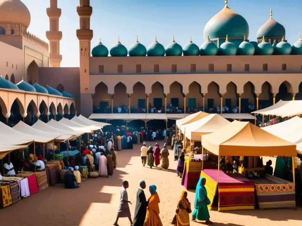 Un mercado bullicioso en una ciudad africana con gente de diversas edades y etnias explorando puestos coloridos que venden ropa, joyas y arte islámico