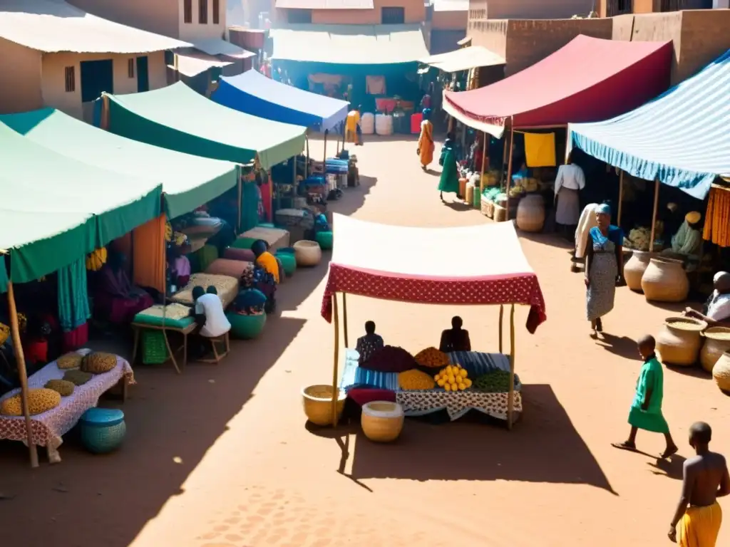 Mercado bullicioso en una ciudad africana, con puestos coloridos de textiles y especias