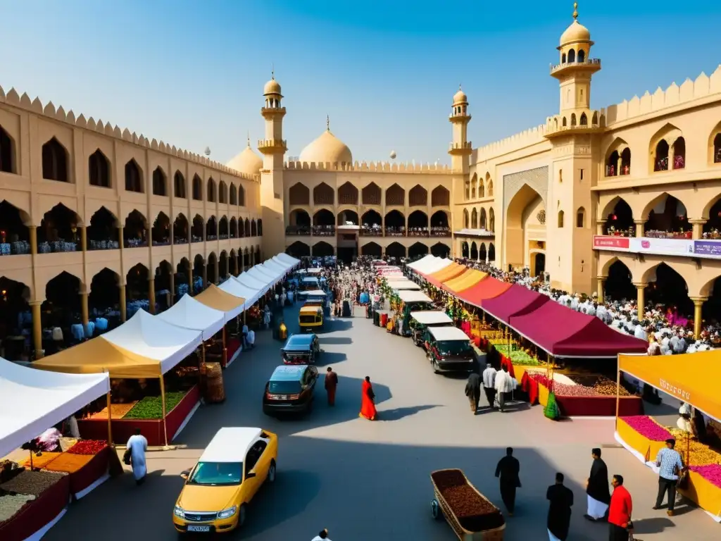 Mercado bullicioso en la ciudad durante Eid al-Adha, celebrando la festividad en comunidad con colores vibrantes y vida activa