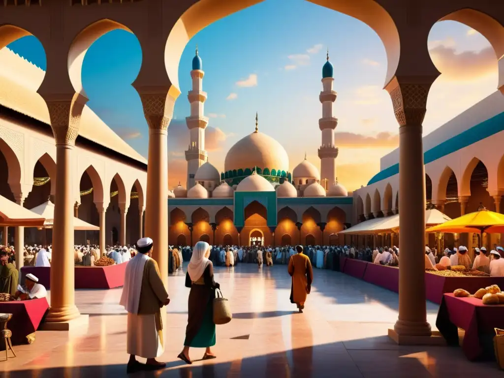 Mercado encantado en ciudad árabe Mercado bullicioso en ciudad antigua del Medio Oriente, evocando la importancia de Mil y una noches en ética islámica