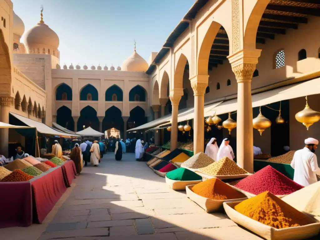 Mercado bullicioso en ciudad antigua del Medio Oriente, con colores, especias, gente y tecnología