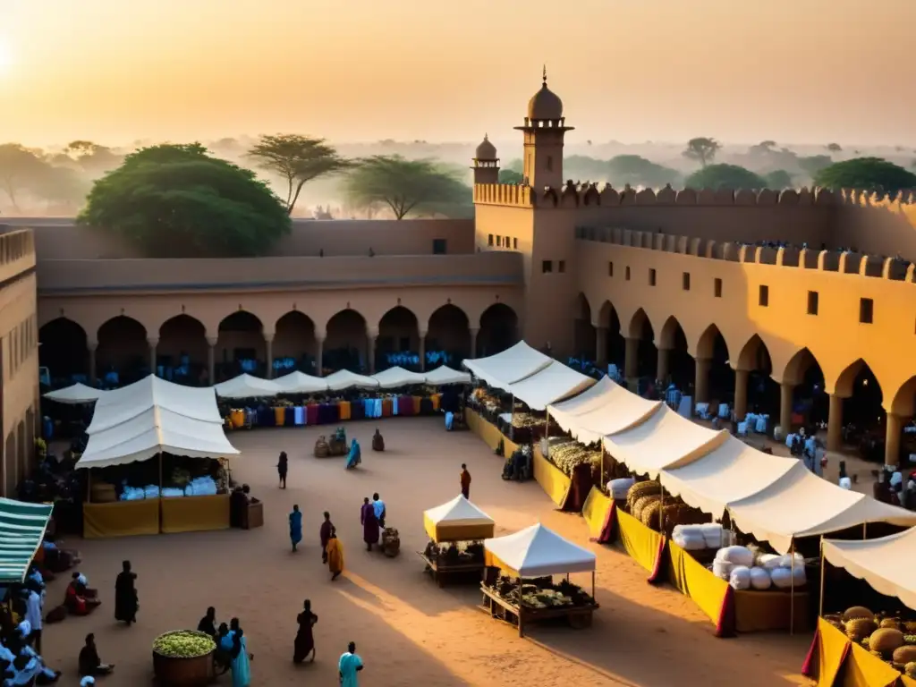 Mercado bullicioso en una ciudad antigua de África Occidental con influencia islámica, mezquitas intrincadas y bulliciosos puestos de mercado