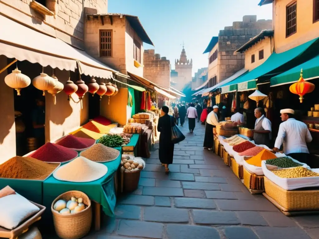 Un mercado bullicioso en una ciudad antigua, con vendedores ofreciendo una colorida variedad de especias, textiles y otros productos