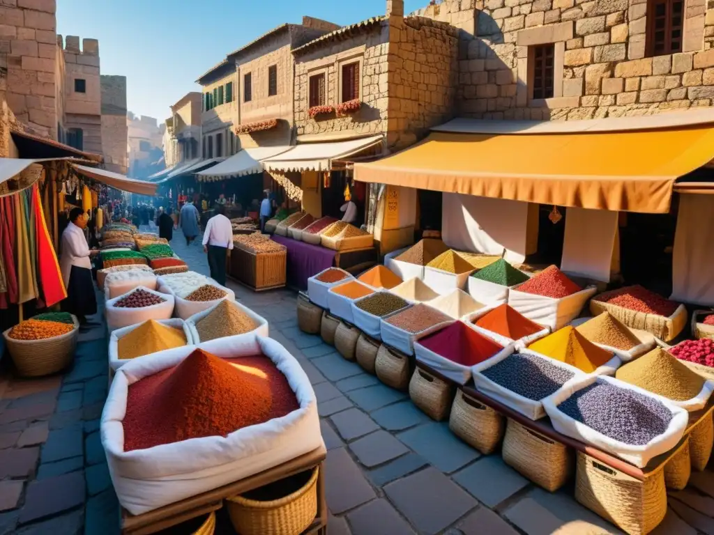 Mercado bullicioso en una ciudad antigua, con especias y comerciantes regateando al atardecer