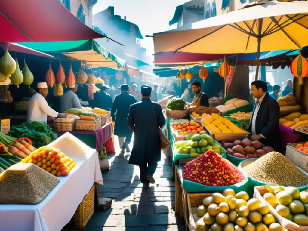 Mercado bullicioso en una ciudad antigua, con puestos de frutas, verduras y carne halal