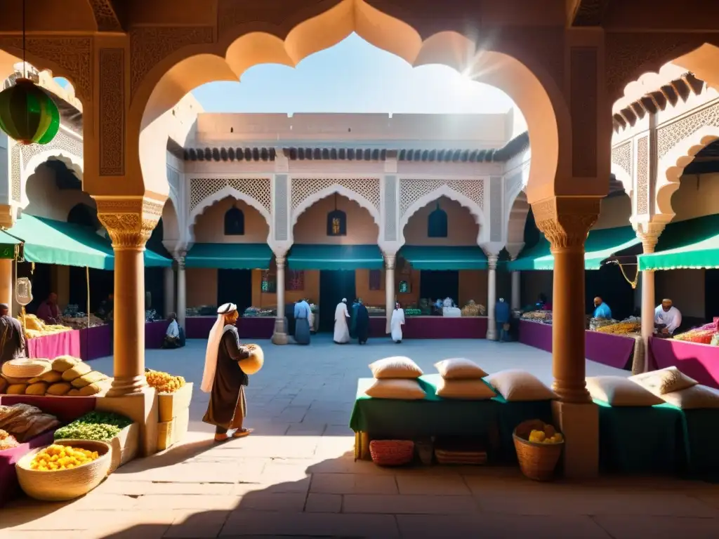 Mercado bullicioso en una ciudad del Medio Oriente, con arquitectura detallada, colores vibrantes y gente diversa comerciando y conversando