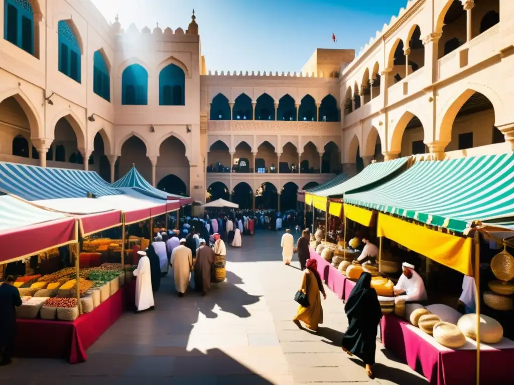 Mercado bullicioso en una ciudad del Medio Oriente, con arquitectura ornamental, textiles vibrantes y atuendos tradicionales y modernos