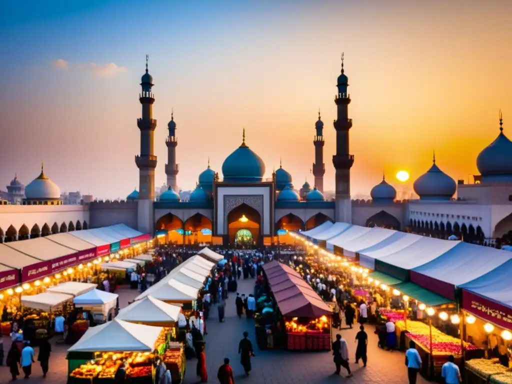 Mercado bullicioso en una ciudad asiática vibrante, con minaretes imponentes asomando detrás de coloridos puestos