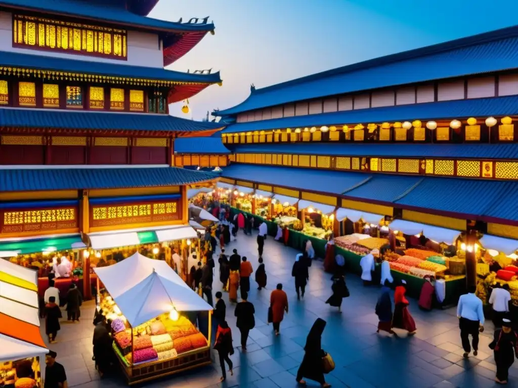 Mercado bullicioso en una ciudad asiática, con colores vibrantes y gente