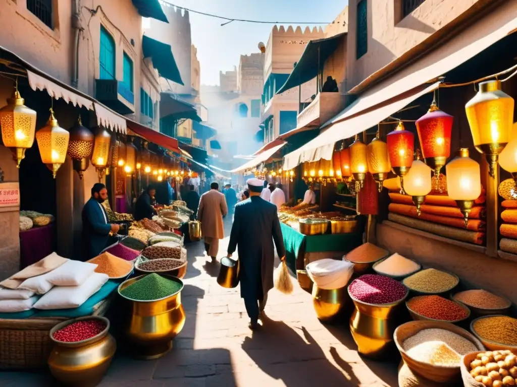 Mercado bullicioso en una ciudad del Medio Oriente, con colores vibrantes y texturas