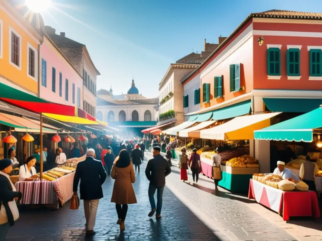 Un mercado bullicioso en una ciudad diversa, con intercambio cultural y convivencia intercultural con no musulmanes