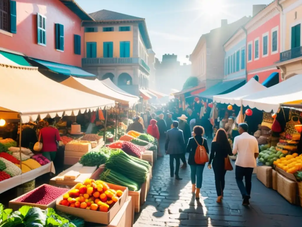 Un mercado bullicioso en una ciudad diversa, con intercambio entre personas de distintas culturas