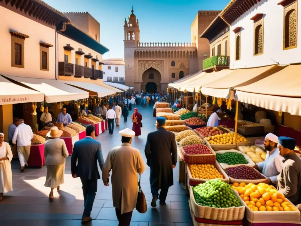 Mercado bullicioso en una ciudad española, con arquitectura morisca