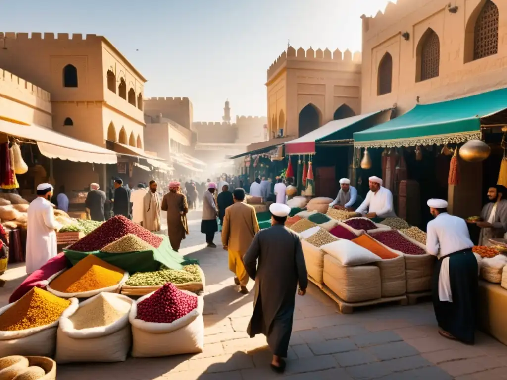 Mercado bullicioso en una ciudad del Medio Oriente, con gente regateando por bienes, textiles y especias coloridos, bañado por la cálido sol