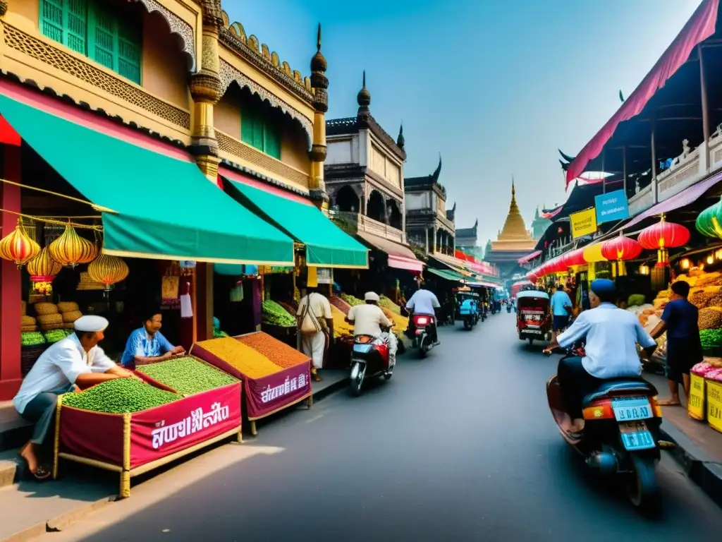 Mercado bullicioso en una ciudad histórica del sudeste asiático, con influencia del Islam