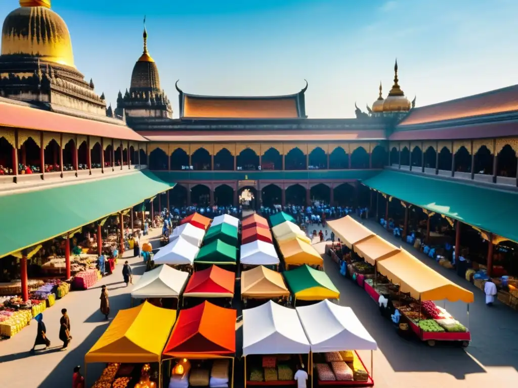 Mercado bullicioso en una ciudad histórica del sudeste asiático, con arquitectura islámica de fondo