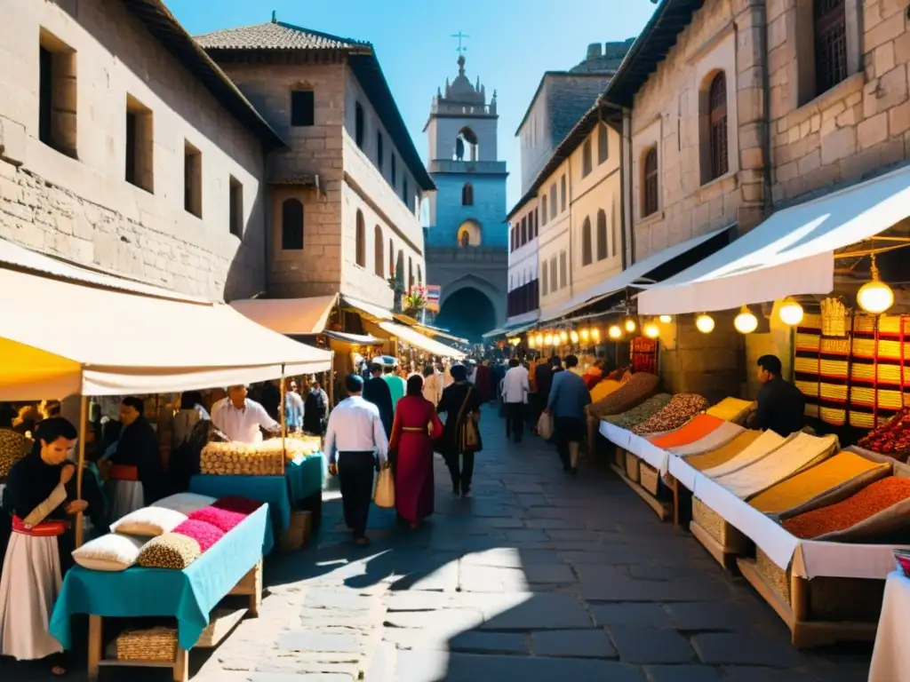 Mercado bullicioso en una ciudad histórica con textiles y especias coloridos frente a edificios antiguos