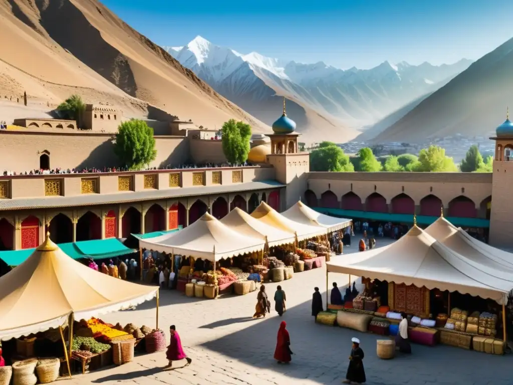 Mercado bullicioso en una ciudad histórica de la Ruta de la Seda, reflejando la influencia cultural islámica en un paisaje montañoso majestuoso