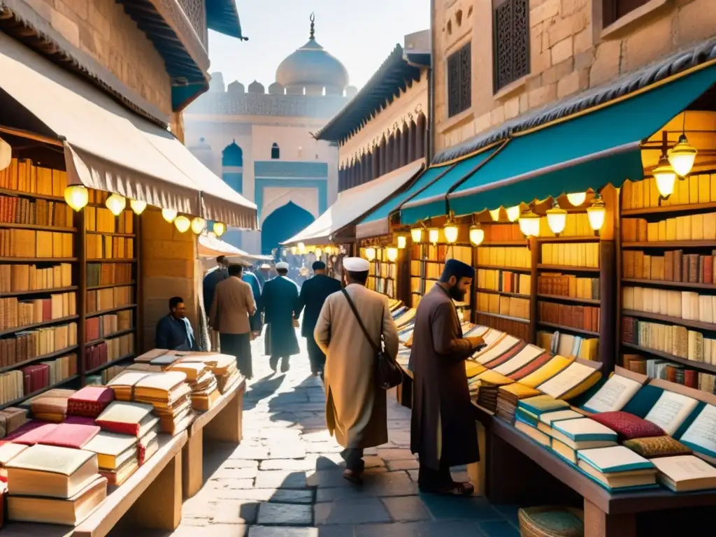 En un mercado bullicioso de una ciudad histórica islámica, los vendedores ofrecen libros encuadernados en cuero y manuscritos decorados