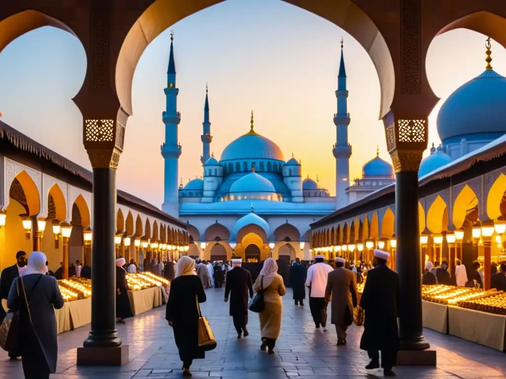 Mercado bullicioso en una ciudad histórica bajo el Califato Omeya, con sombras al atardecer y aplicación de la Sharia en la vida diaria