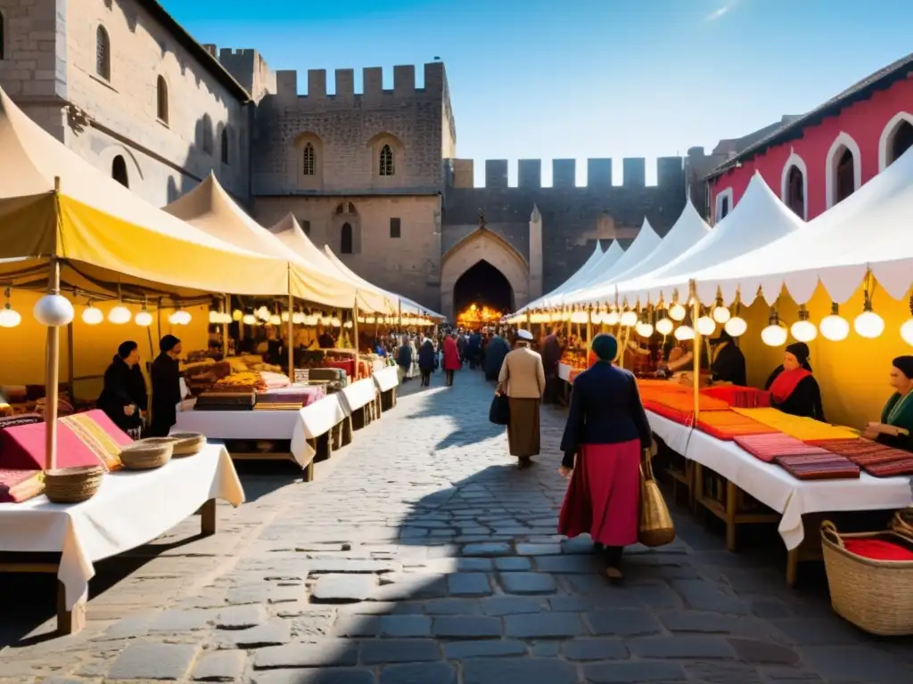 Mercado bullicioso en una ciudad histórica, con puestos coloridos y narrativas orales que promueven la cohesión social en comunidades islámicas