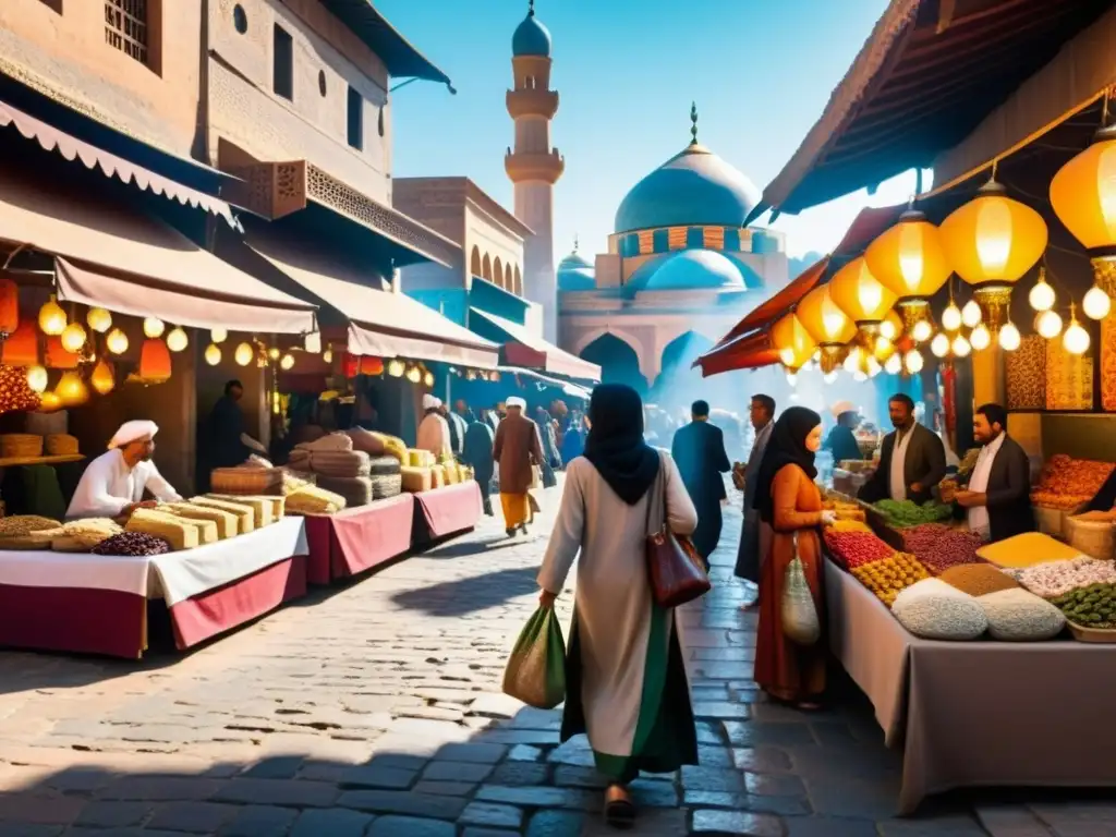 Un mercado bullicioso en una ciudad histórica islámica, con arquitectura intrincada y textiles coloridos