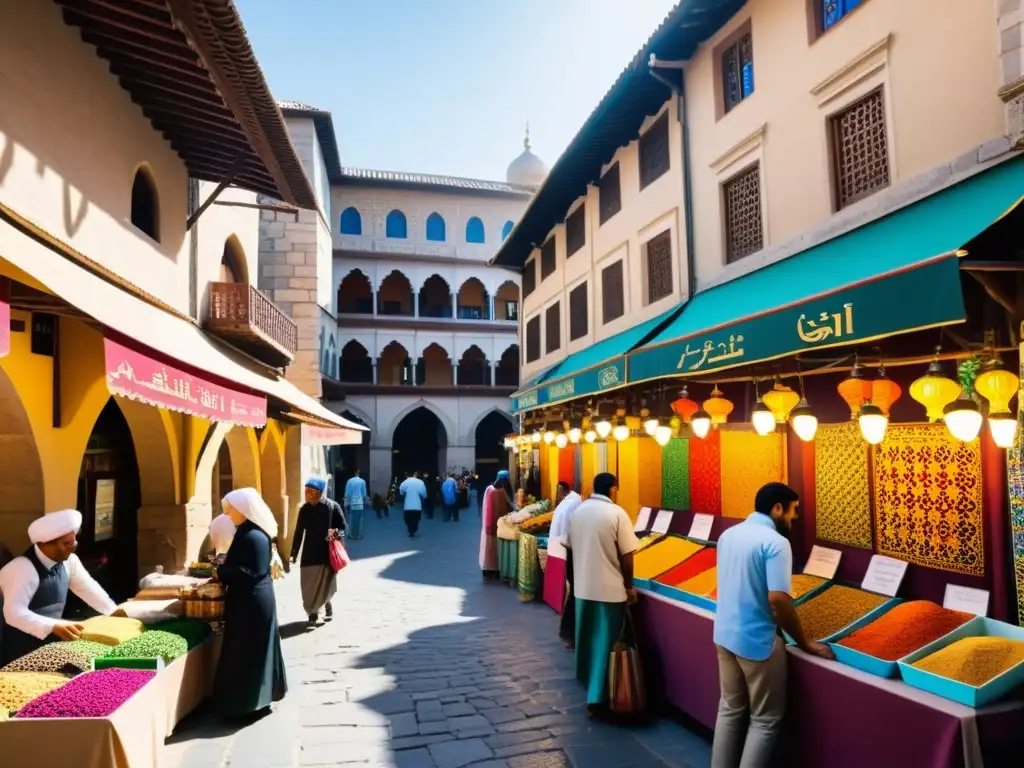 Un mercado bullicioso en una ciudad histórica con edificios intrincados adornados con azulejos de mosaico