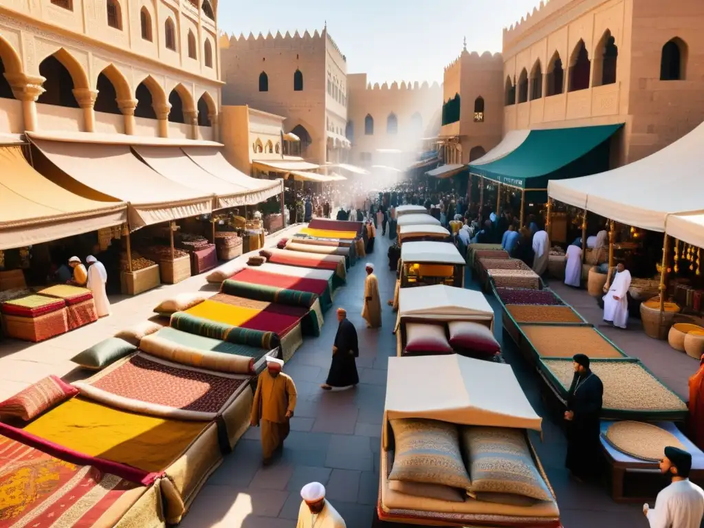 Un mercado bullicioso en una ciudad histórica del Medio Oriente, con textiles y alfombras intrincadamente diseñados en exhibición, comerciantes regateando por especias y sedas, y una diversa variedad de personas de diferentes culturas y antecedentes comprometidos en el comercio y el comercio