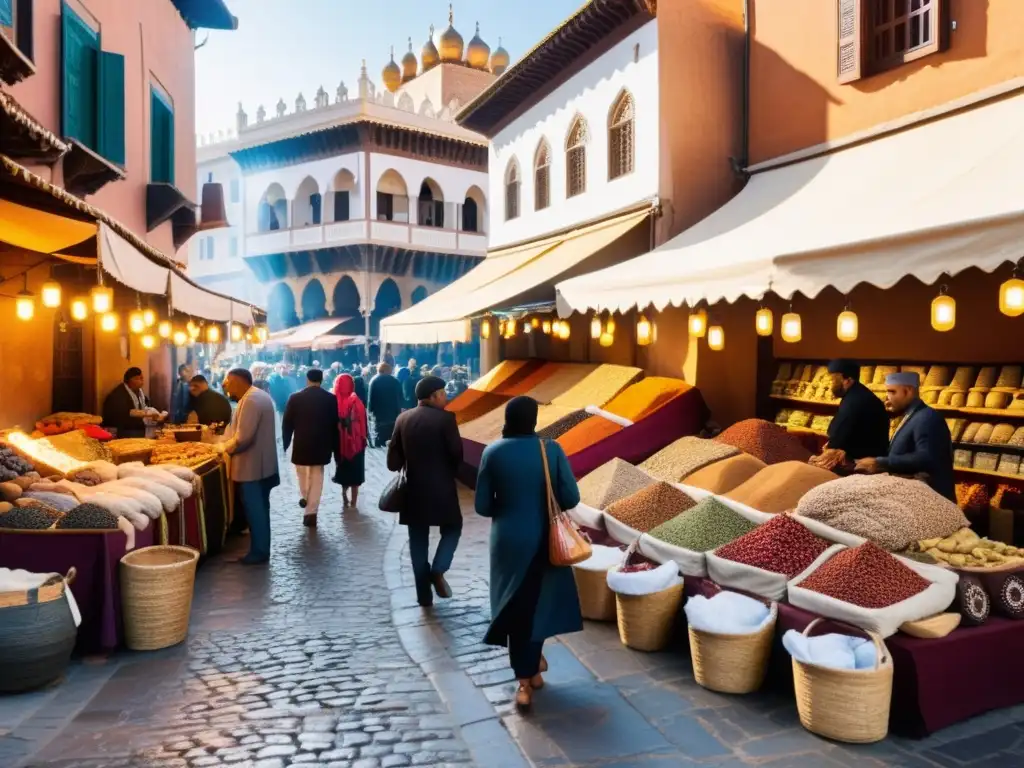 Mercado bullicioso en una ciudad histórica con arquitectura morisca y textiles vibrantes