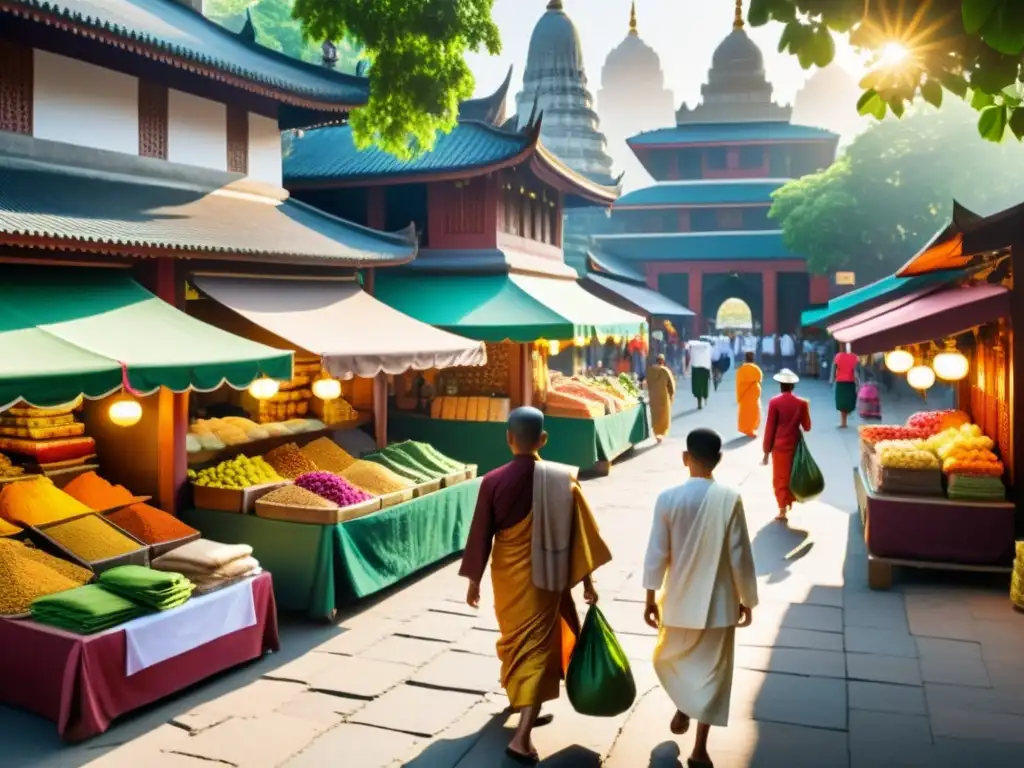 Mercado bullicioso en ciudad histórica del sudeste asiático, con templos y mezquitas