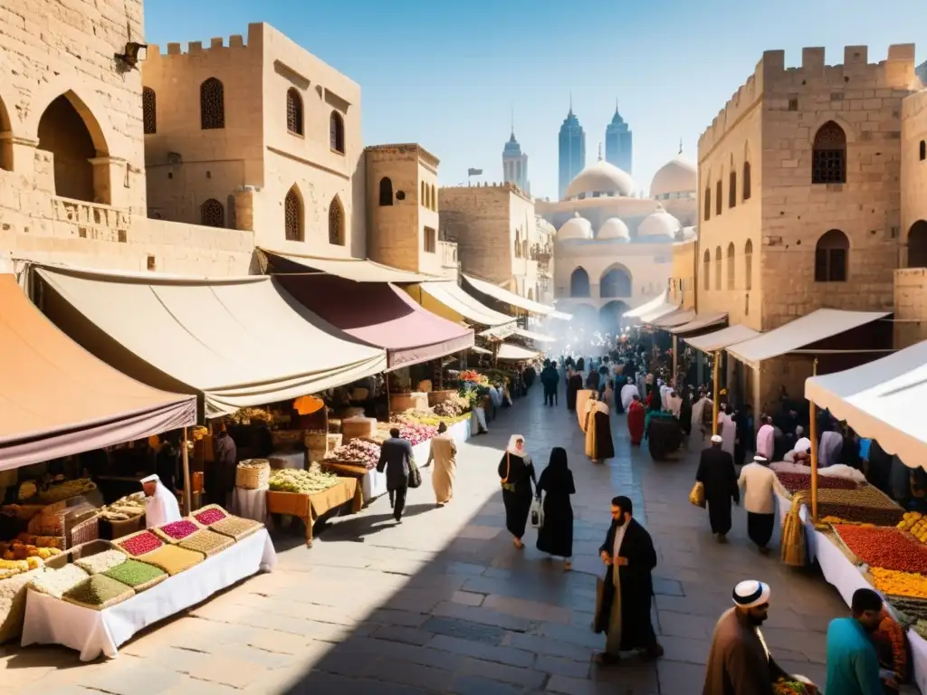 Mercado vibrante en ciudad histórica del Medio Oriente Mercado bullicioso en una ciudad histórica del Medio Oriente, con textiles coloridos, vendedores de especias y frutas, y una diversa multitud conversando en varios dialectos árabes