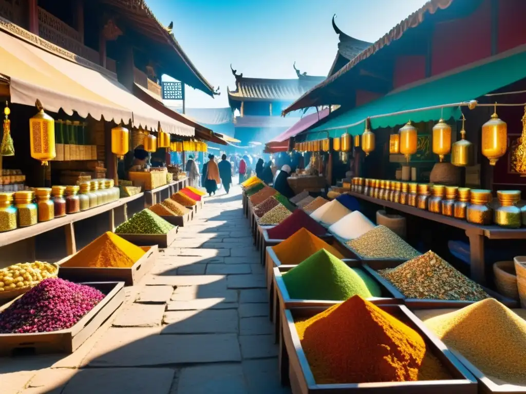Mercado bullicioso en ciudad asiática histórica con influencia de medicina islámica en prácticas curativas